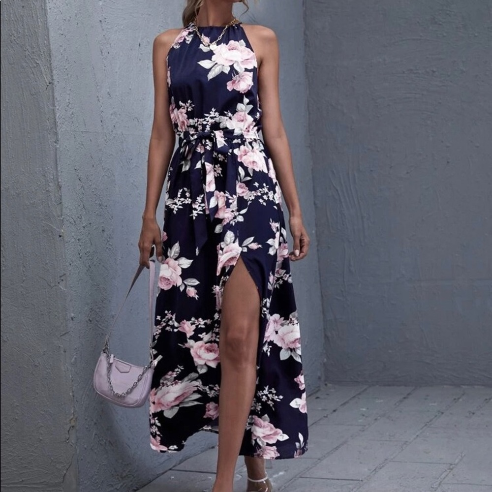Navy Floral Belted Maxi Dress